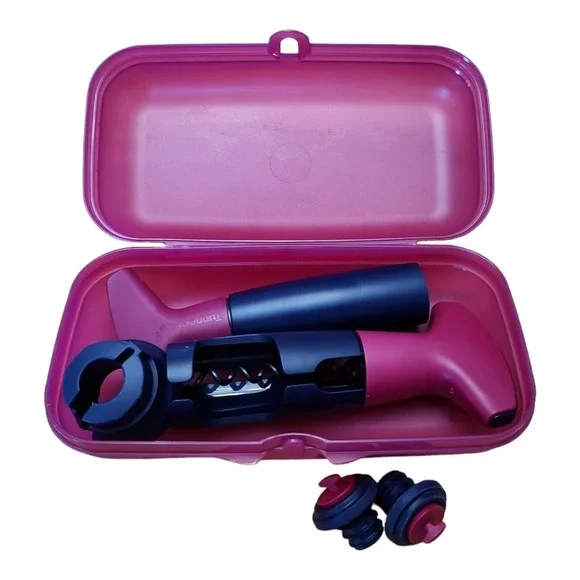 Tupperware Wine Pump Stopper Corkscrew Bottle Opener Set w/ Travel Case - Picture 1 of 4